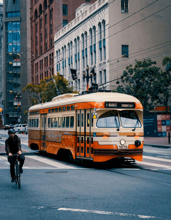 The MUNI car moving up the street